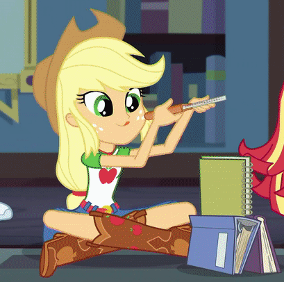 Size: 409x406 | Tagged: safe, screencap, character:applejack, character:sunset shimmer, character:twilight sparkle, character:twilight sparkle (scitwi), species:eqg human, episode:the finals countdown, g4, my little pony:equestria girls, animated, binder, book, cropped, cute, jackabetes, notebook, shoes, sneakers, solo focus, stacking, tongue out