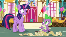 Size: 1280x720 | Tagged: safe, screencap, character:spike, character:starlight glimmer, character:twilight sparkle, character:twilight sparkle (alicorn), species:alicorn, species:dragon, species:pony, episode:triple threat, g4, my little pony: friendship is magic, animated, balloon, list, pennant, podium, ponyville, sound, town hall, webm
