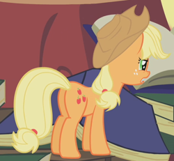 Size: 554x512 | Tagged: safe, screencap, character:applejack, species:earth pony, species:pony, episode:bridle gossip, g4, my little pony: friendship is magic, appletini, book, cropped, female, freckles, golden oaks library, mare, micro, open mouth, plot, rear view, solo