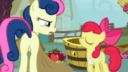 Size: 1280x720 | Tagged: safe, screencap, character:apple bloom, character:bon bon, character:sweetie drops, episode:call of the cutie, g4, my little pony: friendship is magic, season 1, angry, animated, apple, bag, bon bon is not amused, food, i didn't put those in my bag, plot, sound, unamused, webm