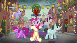 Size: 1920x1080 | Tagged: safe, screencap, character:berry punch, character:berryshine, character:cloud kicker, character:neon lights, character:pinkie pie, character:rising star, character:written script, episode:a hearth's warming tail, g4, my little pony: friendship is magic, bells, christmas, christmas lights, holiday, spirit of hearth's warming presents, wallpaper, wreath