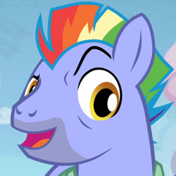 Size: 722x722 | Tagged: safe, screencap, character:bow hothoof, species:pegasus, species:pony, episode:parental glideance, g4, my little pony: friendship is magic, beard, facial hair, looking at someone, male, mohawk, multicolored hair, open mouth, raised eyebrow, smug, solo, stallion, talking, yellow eyes