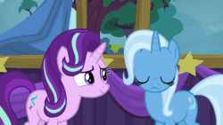 Size: 1280x720 | Tagged: safe, screencap, character:starlight glimmer, character:trixie, species:pony, species:unicorn, episode:no second prances, g4, my little pony: friendship is magic, animated, looking around, secret, smiling, sound, stage, tree, webm, whispering