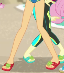 Size: 337x385 | Tagged: safe, screencap, character:applejack, character:fluttershy, equestria girls:forgotten friendship, g4, my little pony:equestria girls, clothing, cropped, feet, flip-flops, legs, pictures of legs, sandals, swimsuit, wetsuit