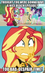 Size: 1187x1912 | Tagged: safe, screencap, character:applejack, character:fluttershy, character:pinkie pie, character:rainbow dash, character:rarity, character:spike, character:spike (dog), character:sunset shimmer, character:twilight sparkle, character:twilight sparkle (scitwi), species:dog, species:eqg human, equestria girls:forgotten friendship, g4, my little pony:equestria girls, cap, clothing, diving suit, feet, hat, image macro, it was me, meme, midriff, sandals, schrödinger's pantsu, shorts, sun hat, swimsuit, wetsuit