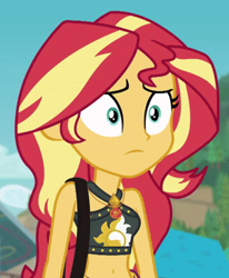 Size: 709x860 | Tagged: safe, screencap, character:sunset shimmer, equestria girls:forgotten friendship, g4, my little pony:equestria girls, belly button, bikini, bikini top, clothing, geode of empathy, midriff, solo, summer sunset, swimsuit