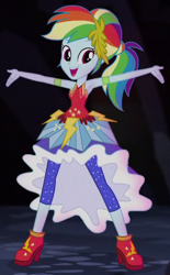 Size: 316x510 | Tagged: safe, screencap, character:rainbow dash, equestria girls:legend of everfree, g4, my little pony:equestria girls, armpits, cave, clothing, cropped, crystal ball, cute, dashabetes, dress, female, open mouth, rainbow dash always dresses in style, solo