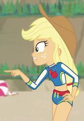 Size: 601x871 | Tagged: safe, screencap, character:applejack, equestria girls:forgotten friendship, g4, my little pony:equestria girls, applejack's hat, belly button, clothing, cowboy hat, geode of super strength, hat, midriff, pointing, solo, swimsuit