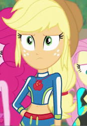 Size: 628x901 | Tagged: safe, screencap, character:applejack, equestria girls:forgotten friendship, g4, my little pony:equestria girls, belly button, clothing, cropped, geode of super strength, midriff, swimsuit
