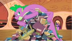 Size: 1282x723 | Tagged: safe, screencap, character:spike, character:twilight sparkle, character:twilight sparkle (unicorn), species:dragon, species:pony, species:unicorn, episode:secret of my excess, g4, my little pony: friendship is magic, book, claws, displeased, dragon hoard, duo, fangs, female, golden oaks library, greed spike, hoard, male, mare, older, older spike, quadrupedal spike, sin of greed, slit eyes, table, teenage spike, teenager, that dragon sure loves books, tongue out, wingless spike