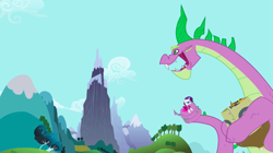 Size: 1279x718 | Tagged: safe, screencap, character:rarity, character:spike, species:dragon, species:pony, species:unicorn, episode:secret of my excess, g4, my little pony: friendship is magic, clothing, coils, dragon mountain, greed spike, hoard, mountain, peak, spikezilla