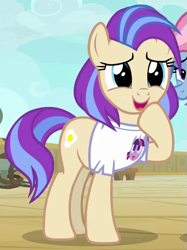 Size: 485x650 | Tagged: safe, screencap, character:twilight sparkle, species:pony, episode:once upon a zeppelin, g4, my little pony: friendship is magic, clothing, cropped, shirt, solo, sunny side, t-shirt