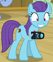 Size: 510x596 | Tagged: safe, screencap, character:lens reflex, species:pony, episode:once upon a zeppelin, g4, my little pony: friendship is magic, background pony, camera, cropped, female, grin, mare, smiling, solo focus