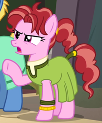 Size: 592x710 | Tagged: safe, screencap, character:mosiah, character:pepperberry (g4), species:earth pony, species:pony, episode:daring done, background pony, clothing, cropped, dress, female, mare, raised hoof, solo focus, somnambula resident, tail wrap