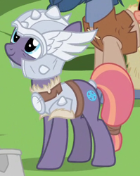 Size: 310x390 | Tagged: safe, screencap, character:sun cross, species:earth pony, species:pony, episode:campfire tales, g4, my little pony: friendship is magic, armor, background pony, cropped, female, helmet, looking up, mare, mighty helm, solo focus