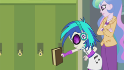 Size: 1280x720 | Tagged: safe, screencap, character:dj pon-3, character:princess celestia, character:principal celestia, character:vinyl scratch, episode:music to my ears, equestria girls:rainbow rocks, g4, my little pony:equestria girls, blazer, book, celestia is not amused, clothing, dress, headphones, lockers, unamused
