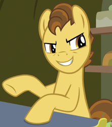 Size: 600x680 | Tagged: safe, screencap, character:grand pear, species:earth pony, species:pony, episode:the perfect pear, g4, my little pony: friendship is magic, cropped, food, male, pear, smiling, smirk, solo, stallion, young grand pear, younger