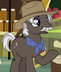 Size: 845x1000 | Tagged: safe, screencap, character:burnt oak, species:earth pony, species:pony, episode:the perfect pear, g4, my little pony: friendship is magic, bandana, clothing, cropped, facial hair, hat, moustache, solo
