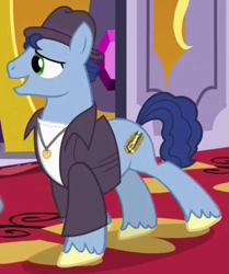 Size: 455x545 | Tagged: safe, screencap, species:earth pony, species:pony, episode:a royal problem, g4, my little pony: friendship is magic, clothing, cropped, hat, male, mayor cream cheese, rocky balboa, solo, stallion, walking