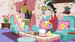 Size: 1280x720 | Tagged: safe, screencap, character:discord, character:fluttershy, species:draconequus, species:pegasus, species:pony, episode:discordant harmony, g4, my little pony: friendship is magic, clothing, cup, food, glasses, sandwich, sweater, teacup, teapot