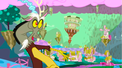 Size: 1281x720 | Tagged: safe, screencap, character:discord, species:draconequus, episode:the return of harmony, g4, my little pony: friendship is magic, chaos, chocolate, chocolate rain, cloud, cotton candy, cotton candy cloud, cute, discorded landscape, discute, floating island, food, green sky, male, ponyville, ponyville town hall, rain, solo, upside down, windmill