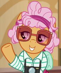 Size: 657x794 | Tagged: safe, screencap, character:butterscotch sweets, species:pony, episode:viva las pegasus, g4, my little pony: friendship is magic, camera, cropped, glasses, headband, solo