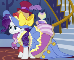 Size: 717x578 | Tagged: safe, screencap, character:rarity, species:pony, species:unicorn, episode:fame and misfortune, g4, my little pony: friendship is magic, clothing, cropped, dress, female, hat, mare, outfit catalog, solo, stress couture