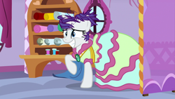 Size: 1280x720 | Tagged: safe, screencap, character:rarity, species:pony, species:unicorn, episode:it isn't the mane thing about you, g4, my little pony: friendship is magic, clothing, combover, dress, female, mare, outfit catalog, solo