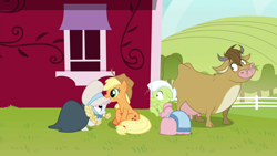 Size: 1280x720 | Tagged: safe, screencap, character:applejack, character:granny smith, character:rarity, species:cow, episode:it isn't the mane thing about you, g4, my little pony: friendship is magic, bessie, clothing, cloven hooves, costume, disguise, female, milk maid, outfit catalog, udder