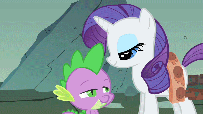 Size: 853x480 | Tagged: safe, screencap, character:rarity, character:spike, species:dragon, species:pony, species:unicorn, episode:a dog and pony show, g4, my little pony: friendship is magic, animated, female, gif, hug, male, mare, yoke
