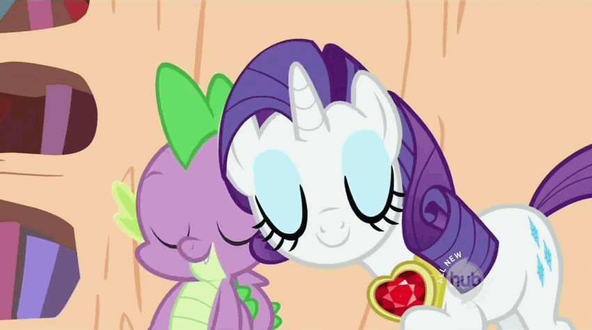 Size: 850x475 | Tagged: safe, screencap, character:rarity, character:spike, species:dragon, species:pony, species:unicorn, episode:secret of my excess, g4, my little pony: friendship is magic, animated, eyes closed, female, fire ruby, gif, golden oaks library, hub logo, imma snuggle you, male, mare, nuzzling, snuggling, spikelove