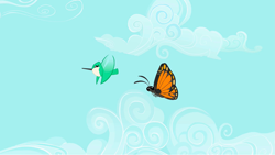 Size: 1279x721 | Tagged: safe, screencap, species:bird, episode:may the best pet win, g4, my little pony: friendship is magic, animal, butterfly, flying, hummingbird, insect, monarch butterfly, sky