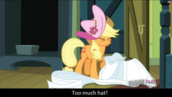 Size: 1360x768 | Tagged: safe, screencap, character:applejack, episode:one bad apple, g4, my little pony: friendship is magic, clothing, derp, funny face, hat, scrunchy face