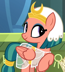 Size: 680x745 | Tagged: safe, screencap, character:somnambula, species:pegasus, species:pony, episode:daring done, g4, clothing, cropped, female, headdress, mare, raised hoof, see-through, solo