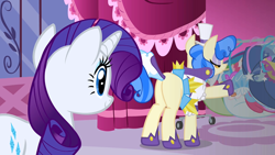 Size: 1280x720 | Tagged: safe, screencap, character:rarity, character:sapphire shores, species:pony, episode:a dog and pony show, g4, my little pony: friendship is magic, blank flank, eyes on the prize, female, mare, plot