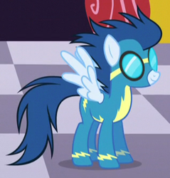 Size: 317x331 | Tagged: safe, screencap, species:pony, episode:rarity investigates, g4, my little pony: friendship is magic, background pony, blue blazes, clothing, cropped, female, goggles, mare, smiling, solo, uniform, wonderbolts, wonderbolts uniform