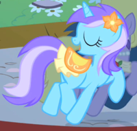 Size: 200x191 | Tagged: safe, screencap, character:diamond mint, character:lyrica lilac, species:pony, species:unicorn, episode:the best night ever, g4, my little pony: friendship is magic, background pony, cropped, eyes closed, female, flower, flower in hair, mare, saddle, singing, solo focus, tack