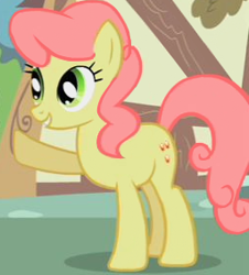 Size: 256x283 | Tagged: safe, screencap, character:gala appleby, species:earth pony, species:pony, episode:green isn't your color, g4, my little pony: friendship is magic, apple family member, background pony, cropped, female, mare, raised hoof, smiling, solo