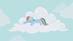 Size: 1280x720 | Tagged: safe, screencap, character:rainbow dash, species:pegasus, species:pony, episode:griffon the brush-off, cloud, cloudy, cutie mark, eyes closed, female, hooves, lying on a cloud, mare, on a cloud, prone, sleeping, sleepydash, smiling, solo, wings