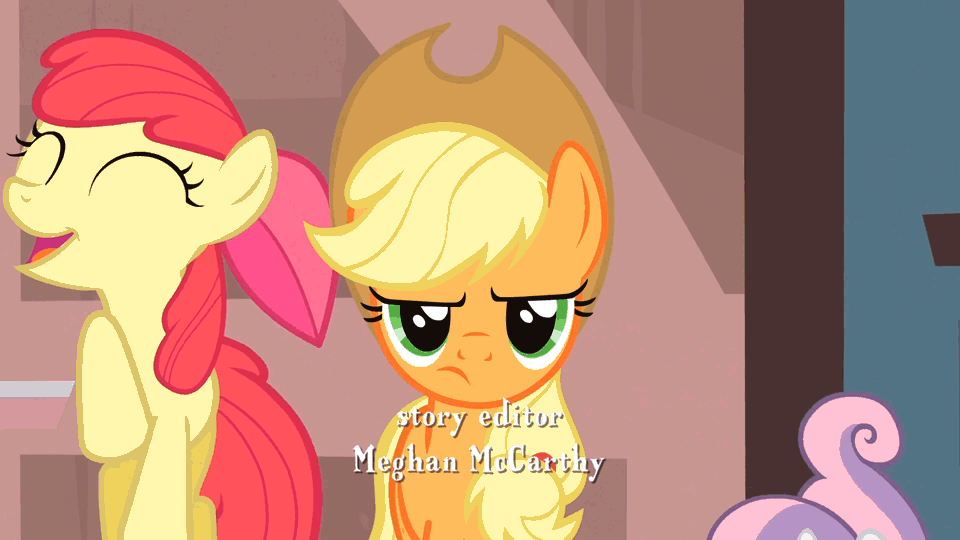 Size: 960x540 | Tagged: safe, screencap, character:apple bloom, character:applejack, character:scootaloo, character:sweetie belle, species:pegasus, species:pony, episode:one bad apple, g4, my little pony: friendship is magic, animated, annoyed, applejack is not amused, cutie mark crusaders, derp, happy, pronking