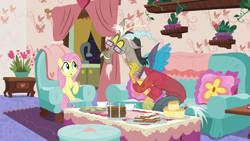 Size: 1280x720 | Tagged: safe, screencap, character:discord, character:fluttershy, species:draconequus, species:pegasus, species:pony, episode:discordant harmony, g4, my little pony: friendship is magic, :o, clothing, fading, food, glasses, milk toast, open mouth, sandwich, sweater, teapot, transparent