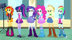 Size: 1280x720 | Tagged: safe, screencap, character:applejack, character:fluttershy, character:pinkie pie, character:rainbow dash, character:rarity, character:sunset shimmer, character:twilight sparkle, character:twilight sparkle (scitwi), species:eqg human, episode:pet project, eqg summertime shorts, g4, my little pony:equestria girls, back to school, boots, cute, dashabetes, diapinkes, high heel boots, humane five, humane six, jackabetes, line-up, raribetes, shimmerbetes, shoes, twiabetes