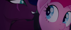 Size: 1920x804 | Tagged: safe, screencap, character:fizzlepop berrytwist, character:pinkie pie, character:tempest shadow, species:earth pony, species:pony, species:unicorn, my little pony: the movie (2017), close-up, confession, duo, eye scar, female, mare, scar, whispering