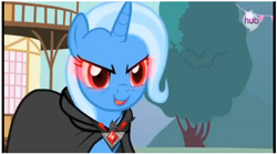 Size: 930x516 | Tagged: safe, screencap, character:trixie, species:pony, species:unicorn, episode:magic duel, g4, my little pony: friendship is magic, alicorn amulet, cloak, clothing, female, hub logo, mare, red eyes, solo