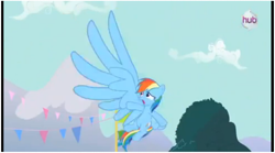 Size: 928x515 | Tagged: safe, screencap, character:rainbow dash, species:pegasus, species:pony, episode:magic duel, g4, my little pony: friendship is magic, female, giant wing, hub logo, low quality, mare, solo, wings