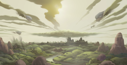 Size: 1581x807 | Tagged: safe, screencap, my little pony: the movie (2017), airship, background, canterlot, equestria, invasion, no pony, ponyville, scenery, smoke, storm king's ship