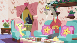 Size: 1280x720 | Tagged: safe, screencap, character:discord, character:fluttershy, species:pony, episode:discordant harmony, g4, my little pony: friendship is magic, clothing, cup, fading, food, glasses, milk toast, pants, sandwich, sweater, tea set, teacup, teapot, transparent