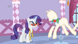 Size: 1680x945 | Tagged: safe, screencap, character:rarity, species:pony, species:unicorn, episode:suited for success, g4, my little pony: friendship is magic, ei, female, glasses, hub logo, magic, mannequin, mare, measuring tape, ponyquin, solo, telekinesis