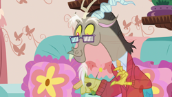 Size: 1280x720 | Tagged: safe, screencap, character:discord, episode:discordant harmony, g4, my little pony: friendship is magic, clothing, fading, glasses, monochrome, solo, sweater, transparent