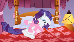 Size: 1280x720 | Tagged: safe, screencap, character:rarity, species:pony, species:unicorn, episode:suited for success, g4, my little pony: friendship is magic, bed, ei, eyes closed, female, hub logo, lamp, mare, sad, solo
